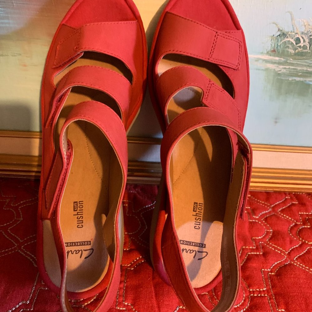 Clarks Red Suede Wedge Sandals - Picture 5 of 12